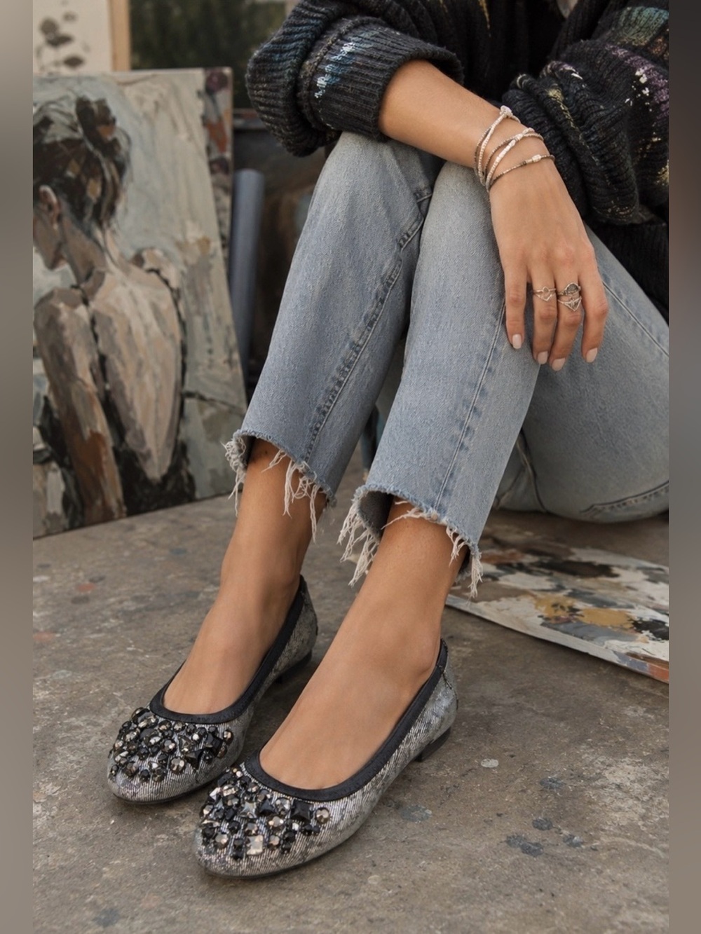 Simply Vera Embellished Ballet Flats, Sz. 9, Gray/Black